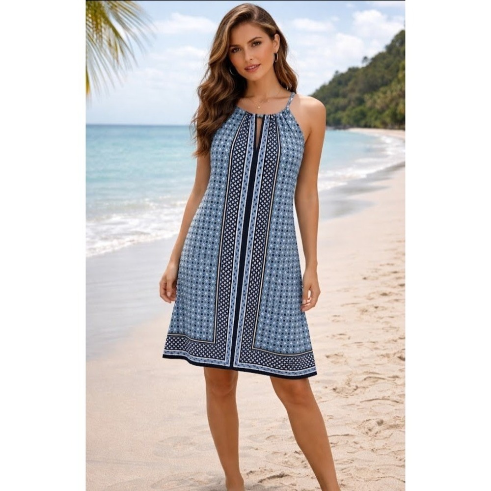 Max Studio Halter Dress‎ Womens L Blue Geometric Print Boho Beach Coastal Travel